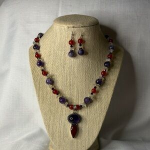 Handcrafted Amethyst and Carnelian Necklace and Earring Set w/Pendant